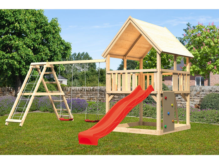 Karibu Spielturm Luis Satteldach + Rutsche rot + Doppelschaukelanbau Klettergerüst + Kletterwand