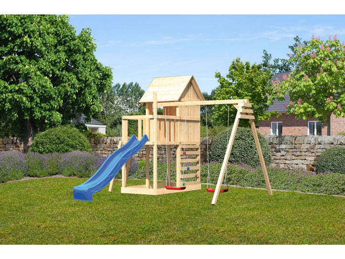 Karibu Stelzenhaus Frieda + Rutsche blau + Doppelschaukel + Kletterwand