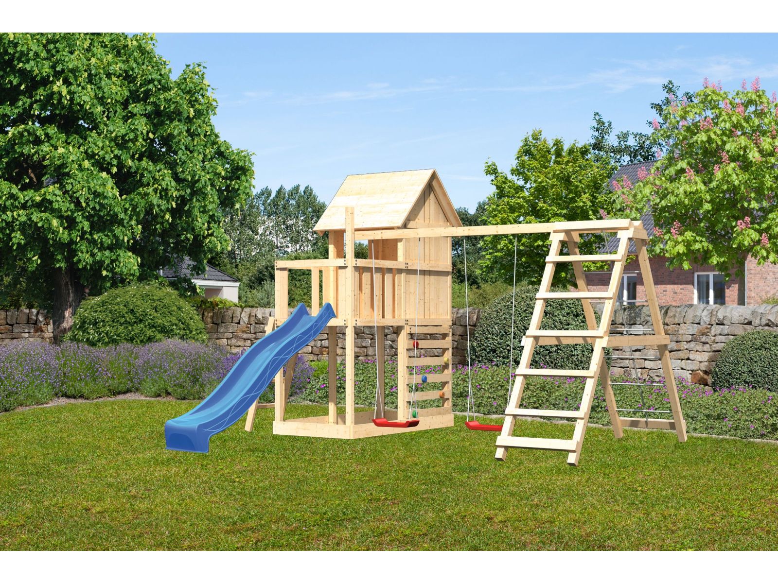 Karibu Stelzenhaus Frieda + Rutsche blau + Doppelschaukel inkl. Klettergerüst + Kletterwand