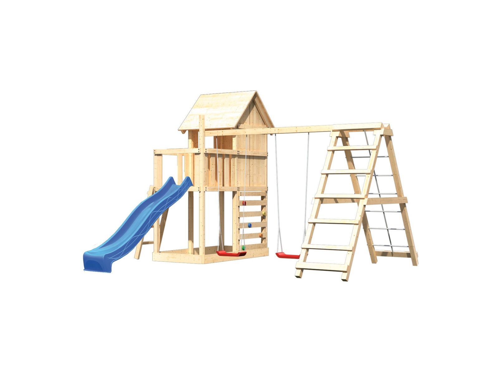 Karibu Stelzenhaus Frieda + Rutsche blau + Doppelschaukel inkl. Klettergerüst + Kletterwand