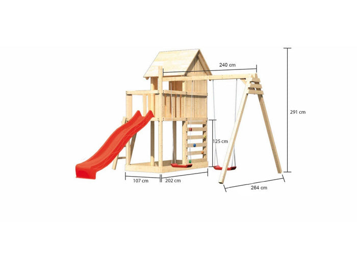 Karibu Stelzenhaus Frieda + Rutsche rot + Doppelschaukel + Kletterwand