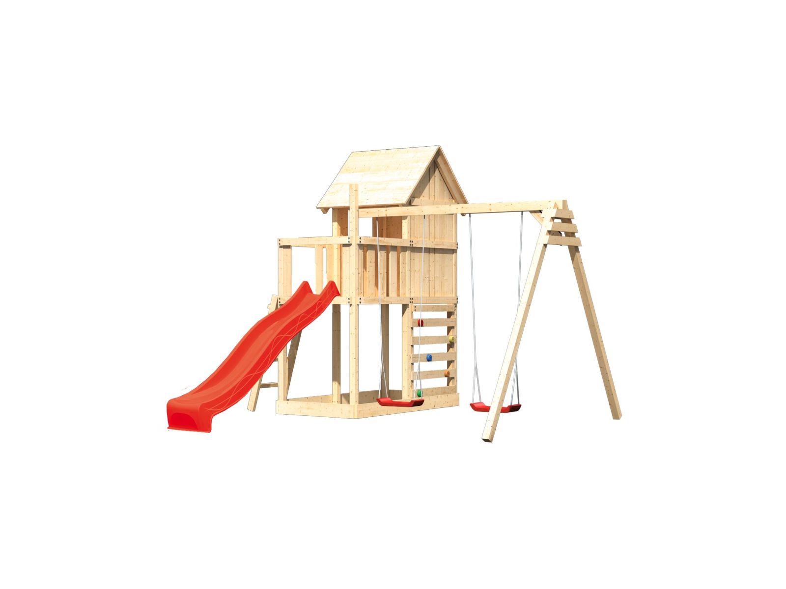 Karibu Stelzenhaus Frieda + Rutsche rot + Doppelschaukel + Kletterwand