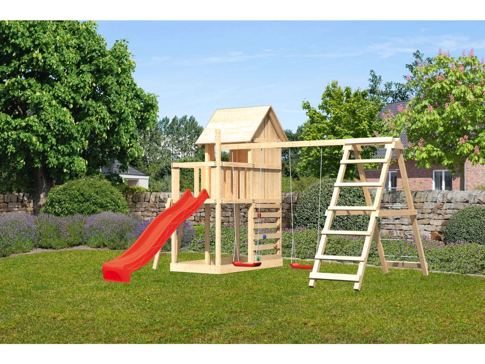 Karibu Stelzenhaus Frieda + Rutsche rot + Doppelschaukel inkl. Klettergerüst + Kletterwand