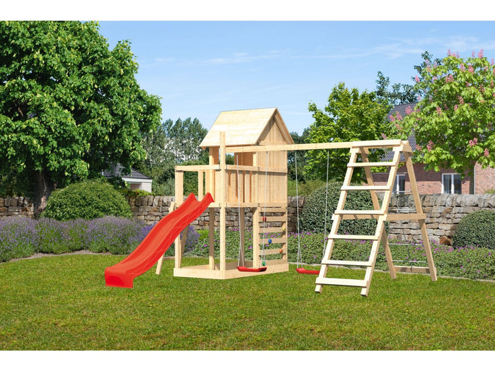 Karibu Stelzenhaus Frieda + Rutsche rot + Doppelschaukel inkl. Klettergerüst + Kletterwand