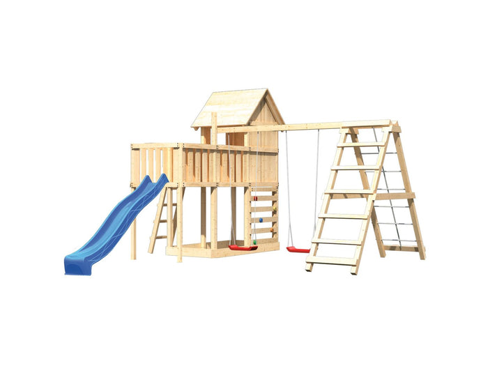 Karibu Stelzenhaus Frieda + Rutsche blau + Doppelschaukel Klettergerüst + Anbauplattform + Kletterwa