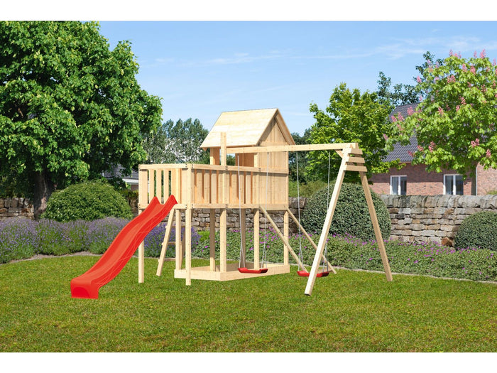 Karibu Stelzenhaus Frieda + Rutsche rot + Doppelschaukel + Anbauplattform + Netzrampe