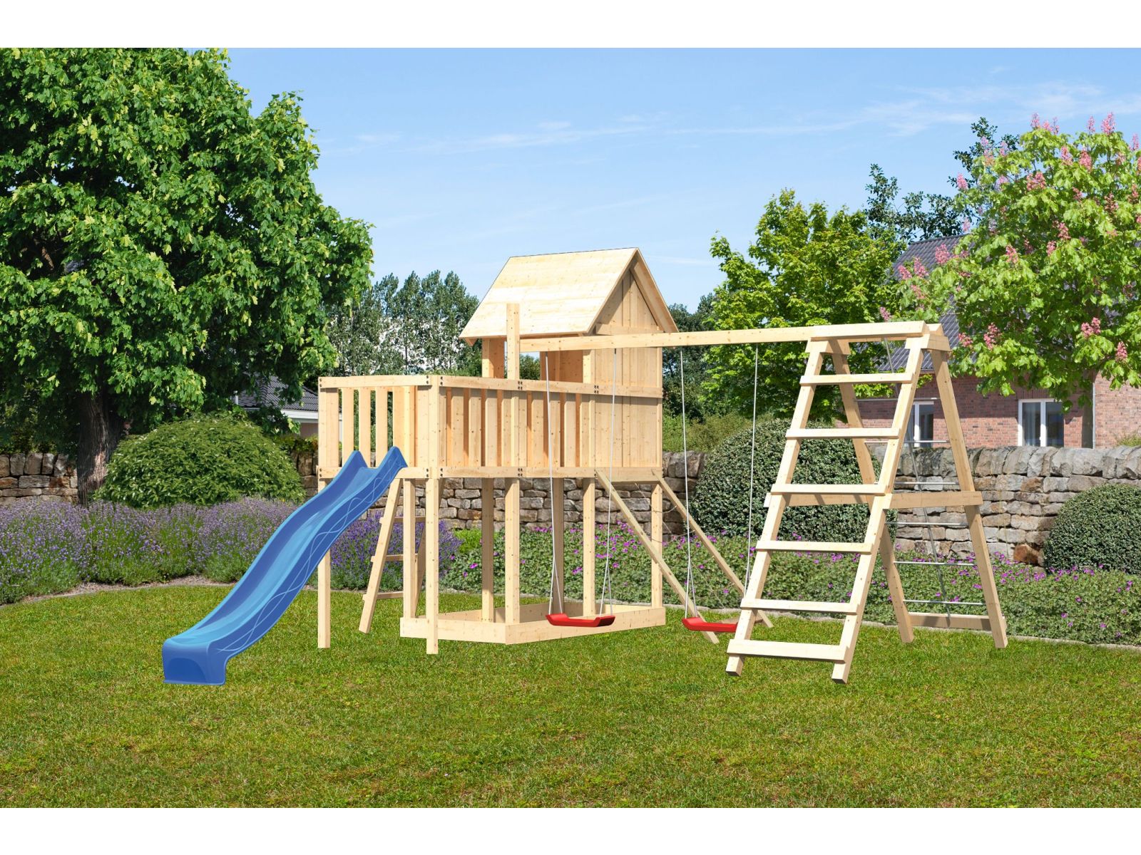 Karibu Stelzenhaus Frieda + Rutsche blau + Doppelschaukel Klettergerüst + Anbauplattform + Netzrampe