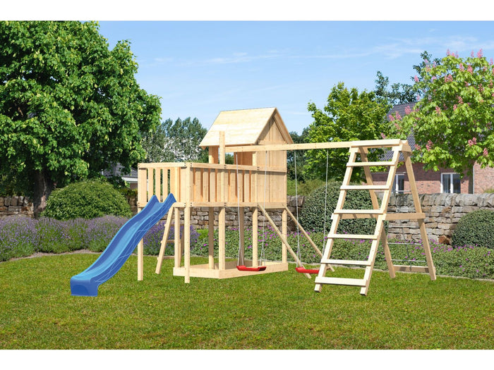 Karibu Stelzenhaus Frieda + Rutsche blau + Doppelschaukel Klettergerüst + Anbauplattform + Netzrampe