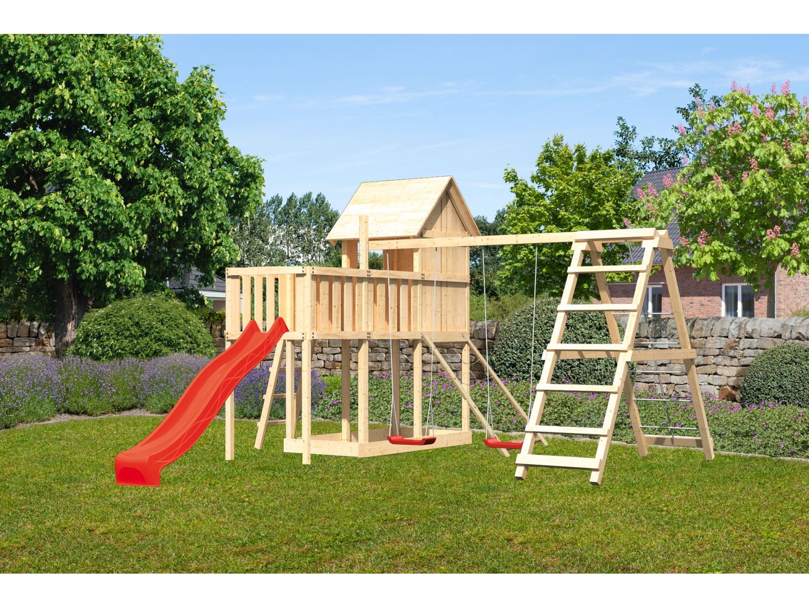 Karibu Stelzenhaus Frieda + Rutsche rot + Doppelschaukel Klettergerüst + Anbauplattform + Netzrampe