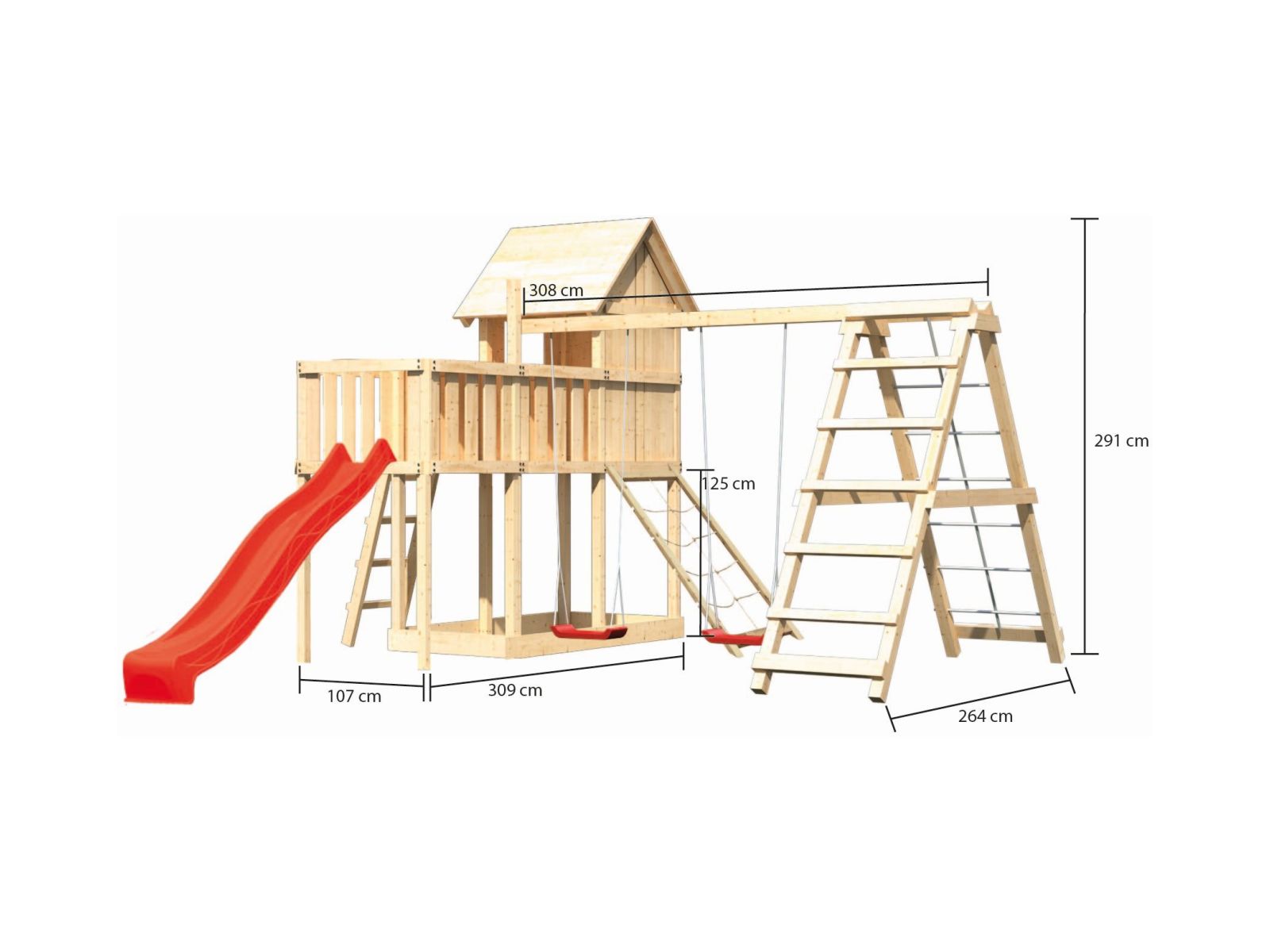 Karibu Stelzenhaus Frieda + Rutsche rot + Doppelschaukel Klettergerüst + Anbauplattform + Netzrampe