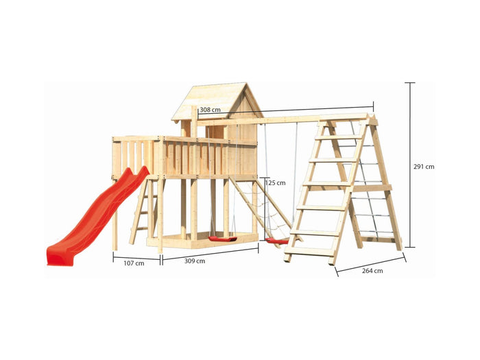Karibu Stelzenhaus Frieda + Rutsche rot + Doppelschaukel Klettergerüst + Anbauplattform + Netzrampe