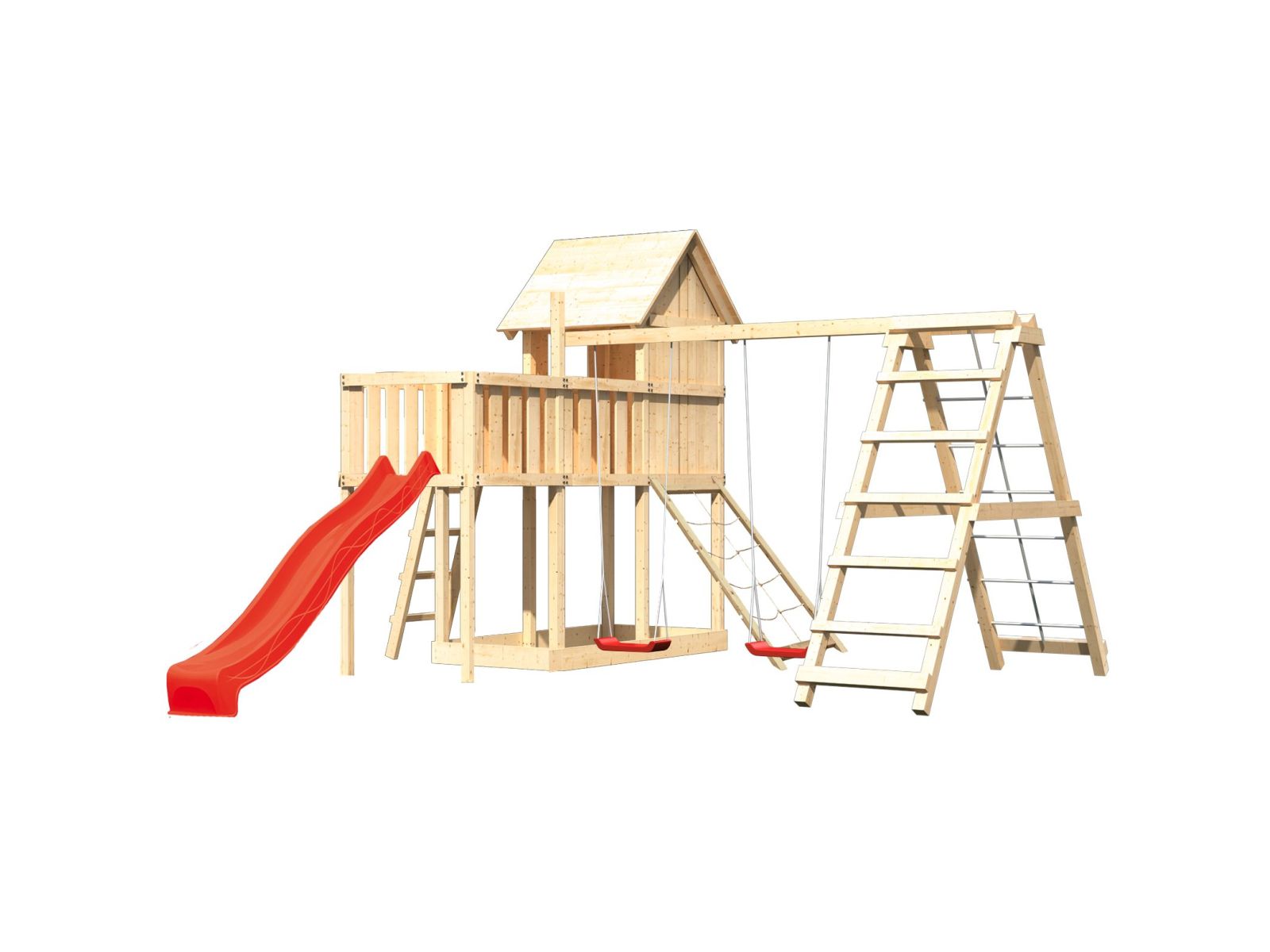Karibu Stelzenhaus Frieda + Rutsche rot + Doppelschaukel Klettergerüst + Anbauplattform + Netzrampe