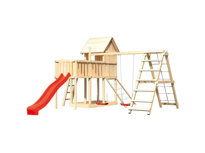 Karibu Stelzenhaus Frieda + Rutsche rot + Doppelschaukel Klettergerüst + Anbauplattform + Netzrampe