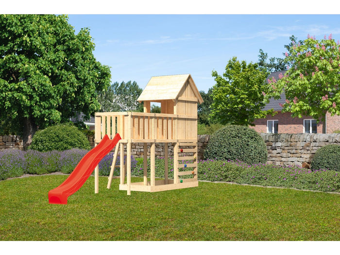Karibu Stelzenhaus Frieda + Rutsche rot + Anbauplattform + Kletterwand