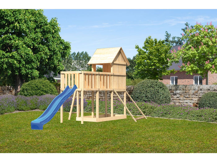 Karibu Stelzenhaus Frieda + Rutsche blau + Anbauplattform + Netzrampe