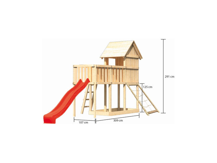 Karibu Stelzenhaus Frieda + Rutsche rot + Anbauplattform + Netzrampe