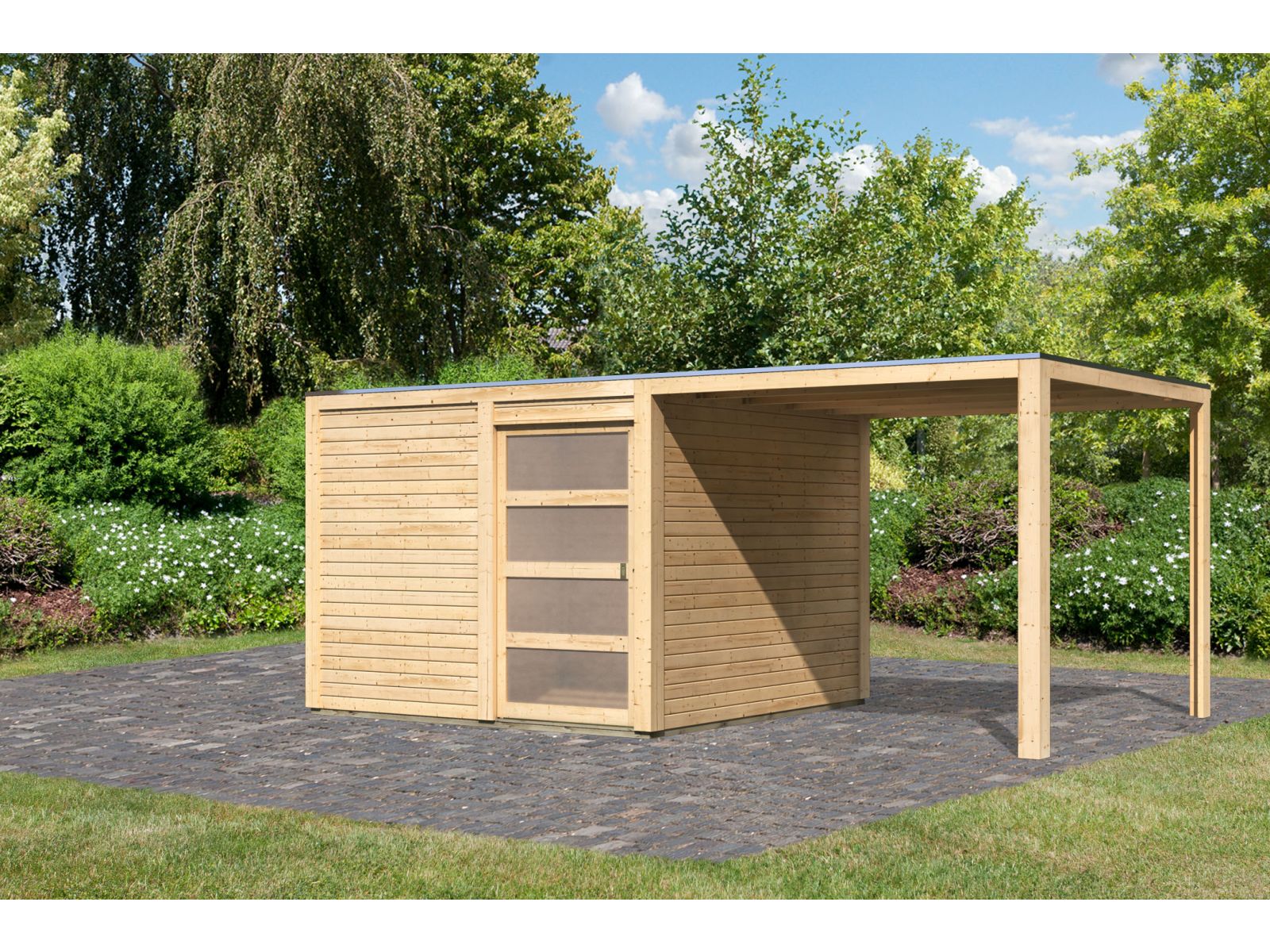 Karibu Gartenhaus Qubic 2 natur inkl. 2,70 m Anbaudach
