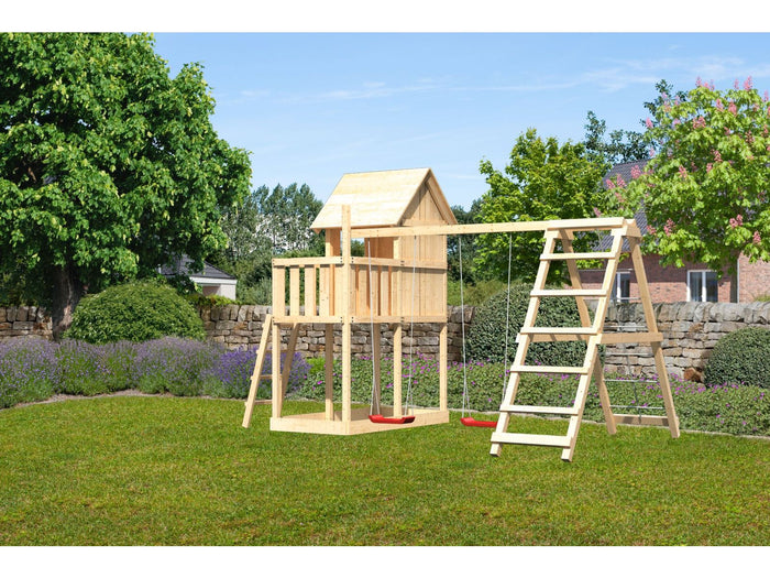 Karibu Stelzenhaus Frieda + Doppelschaukelanbau Klettergerüst