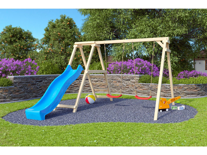 Karibu Doppelschaukel Felix mit Klettergerüst und Rutsche in blau