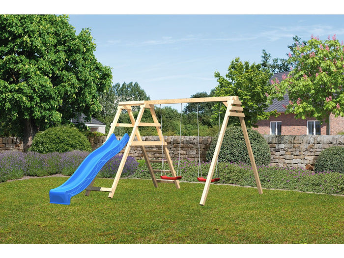 Karibu Doppelschaukel Felix mit Klettergerüst und Rutsche in blau