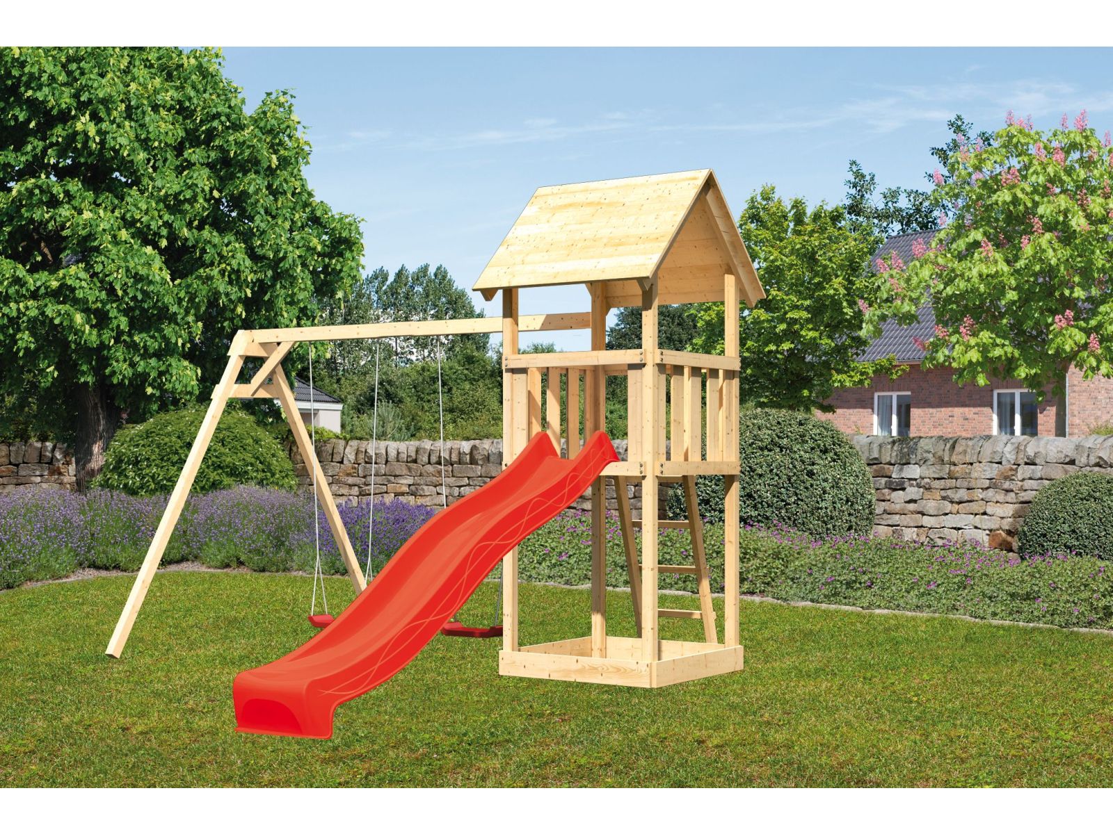 Karibu Spielturm Lotti Set mit Doppelschaukel und Rutsche in rot