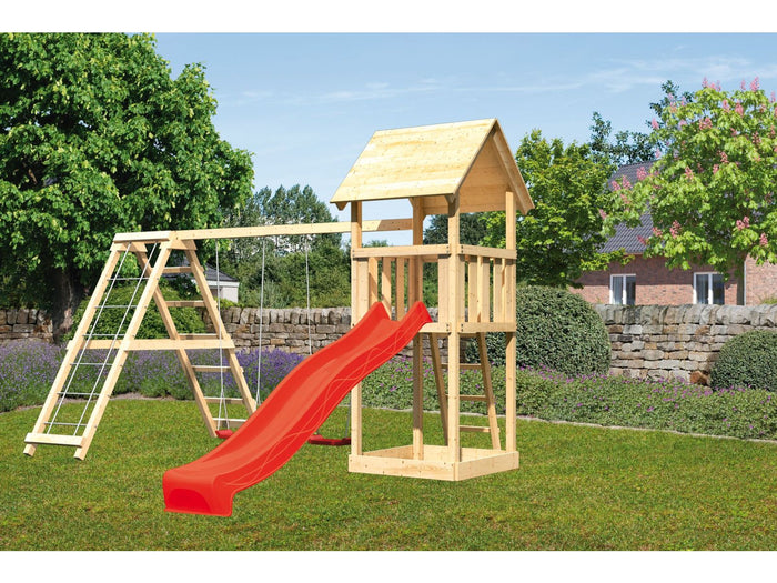 Karibu Spielturm Lotti mit Rutsche in rot und Doppelschaukel inkl. Klettergerüst