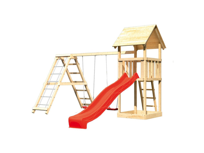 Karibu Spielturm Lotti mit Rutsche in rot und Doppelschaukel inkl. Klettergerüst