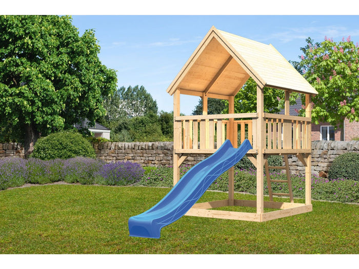 Karibu Spielturm Luis Satteldach + Rutsche blau