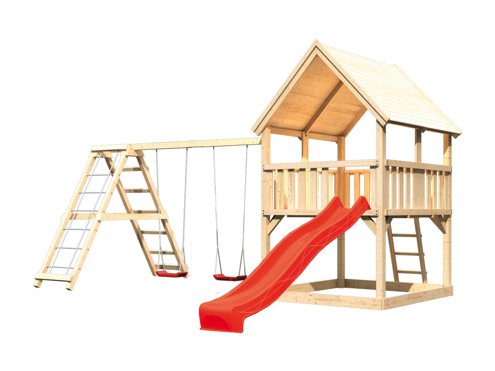 Karibu Spielturm Luis Satteldach + Rutsche rot + Doppelschaukelanbau Klettergerüst