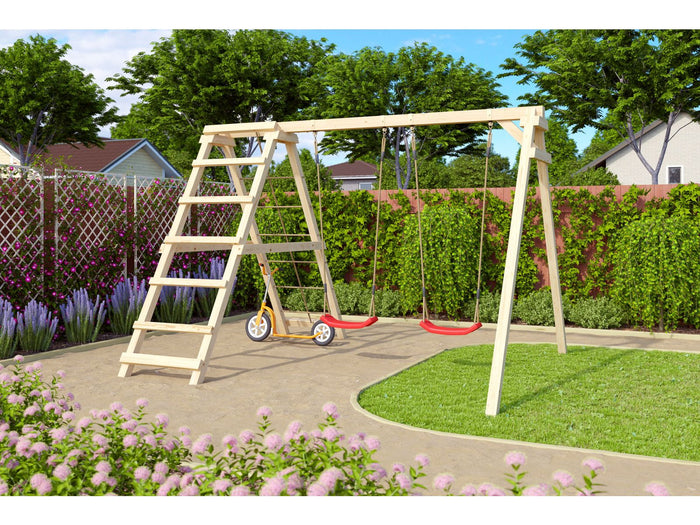 Karibu Doppelschaukel Felix mit Klettergerüst und Netzrampe
