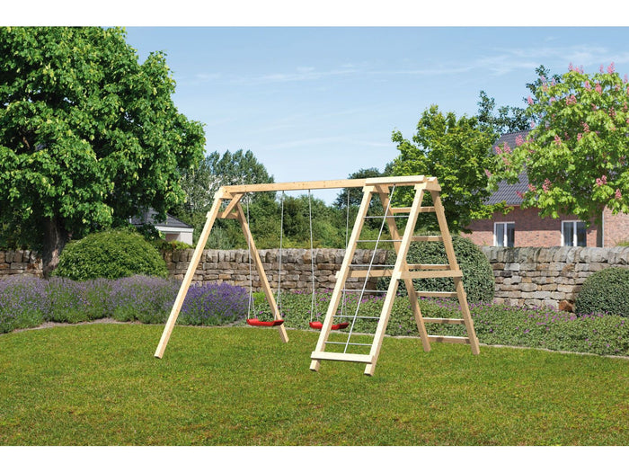 Karibu Doppelschaukel Felix mit Klettergerüst und Netzrampe