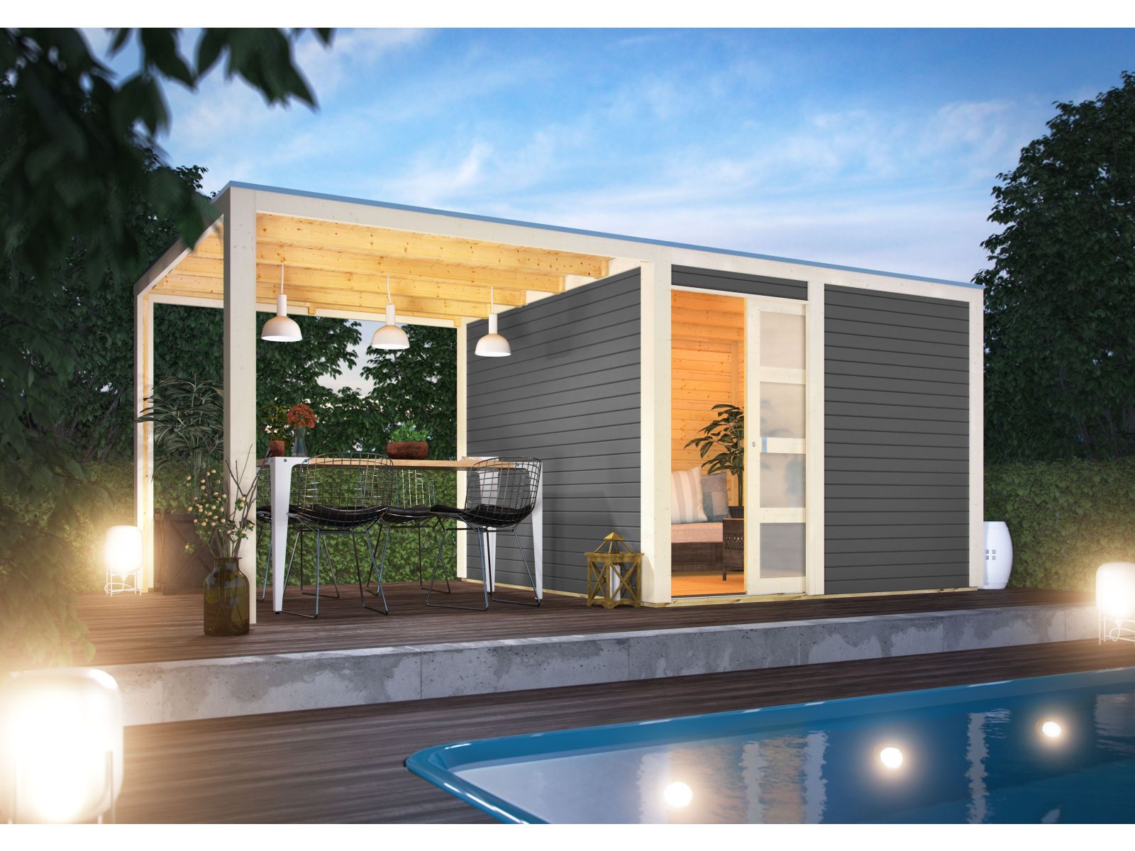 Karibu Gartenhaus Qubic 2 terragrau inkl. 2,70 m Anbaudach