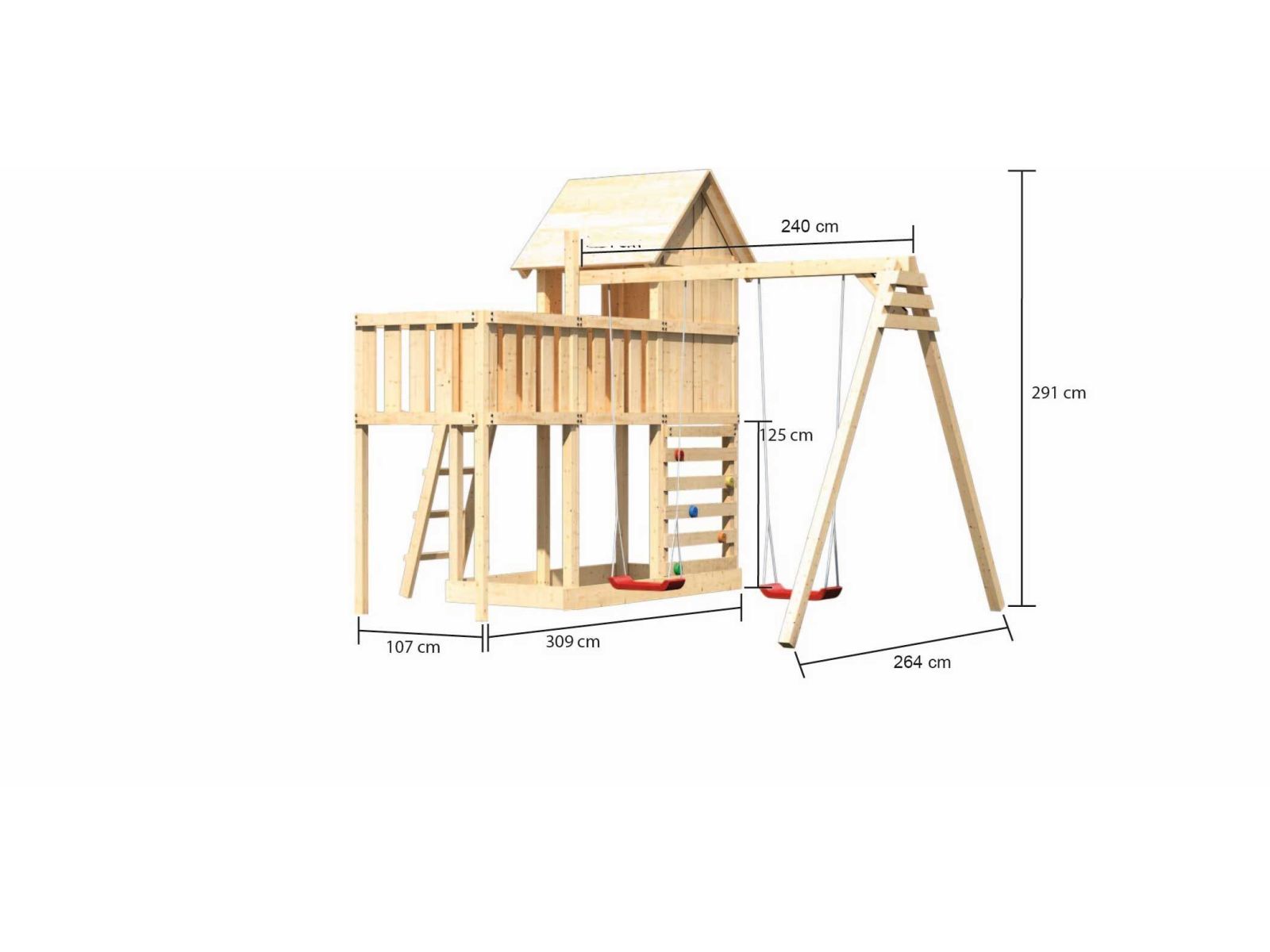 Karibu Stelzenhaus Frieda + Doppelschaukel + Anbauplattform + Kletterwand