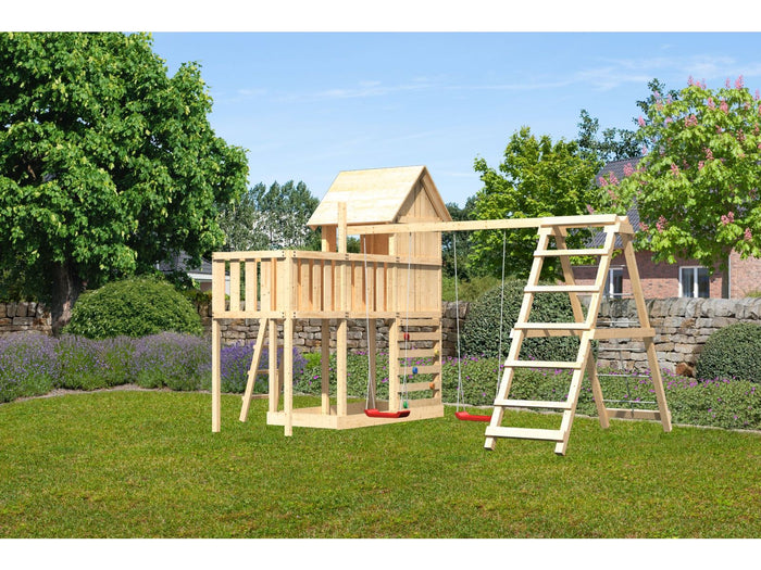 Karibu Stelzenhaus Frieda + Doppelschaukel Klettergerüst + Anbauplattform + Kletterwand
