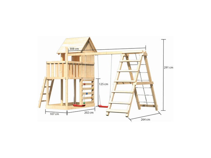 Karibu Stelzenhaus Frieda + Doppelschaukelanbau Klettergerüst + Kletterwand