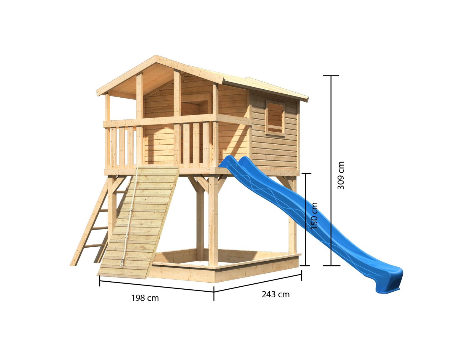 Karibu Stelzenhaus Benjamin naturbelassen + Rutsche blau + Holzrampe
