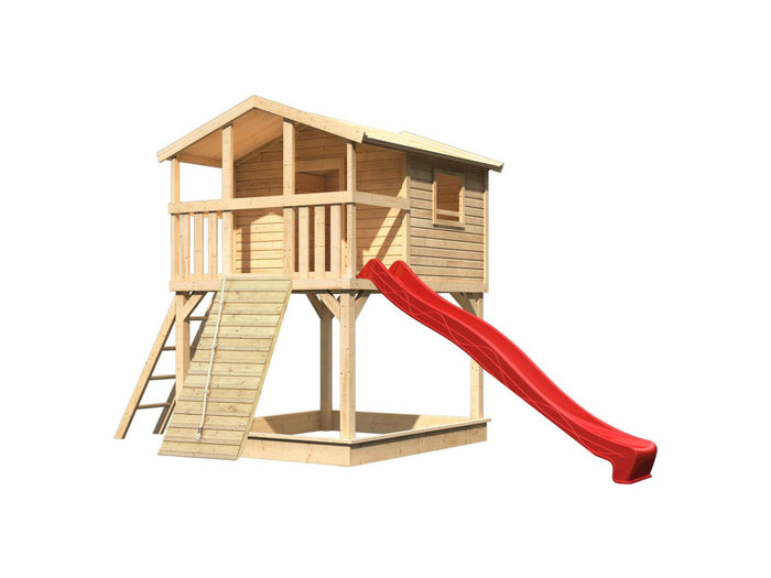 Karibu Stelzenhaus Benjamin naturbelassen + Rutsche rot + Holzrampe