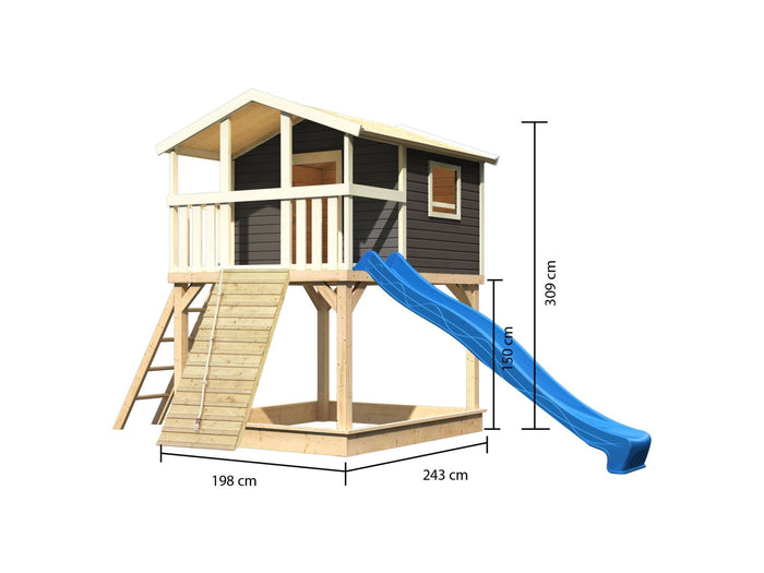 Karibu Stelzenhaus Benjamin terragrau + Rutsche blau + Holzrampe