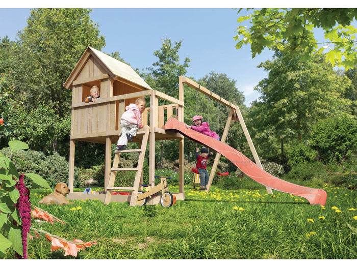 Karibu Stelzenhaus Frieda + Rutsche rot + Doppelschaukel