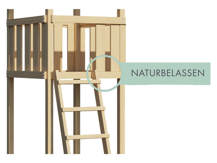 Karibu Stelzenhaus Frieda + Rutsche blau + Doppelschaukelanbau Klettergerüst