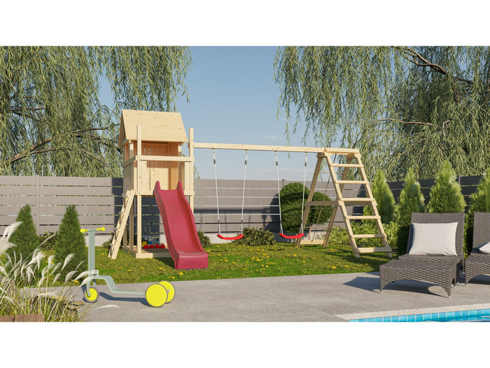 Karibu Stelzenhaus Frieda + Rutsche rot + Doppelschaukelanbau Klettergerüst