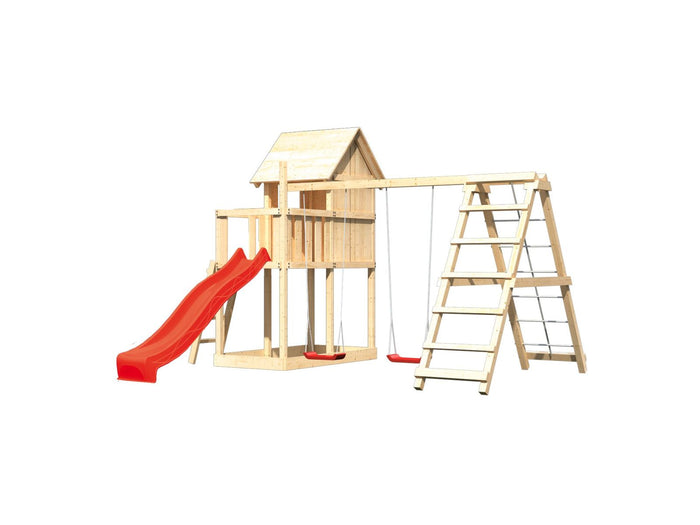 Karibu Stelzenhaus Frieda + Rutsche rot + Doppelschaukelanbau Klettergerüst