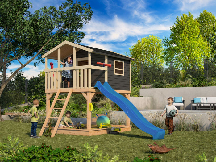 Karibu Stelzenhaus Benjamin terragrau mit Rutsche in blau