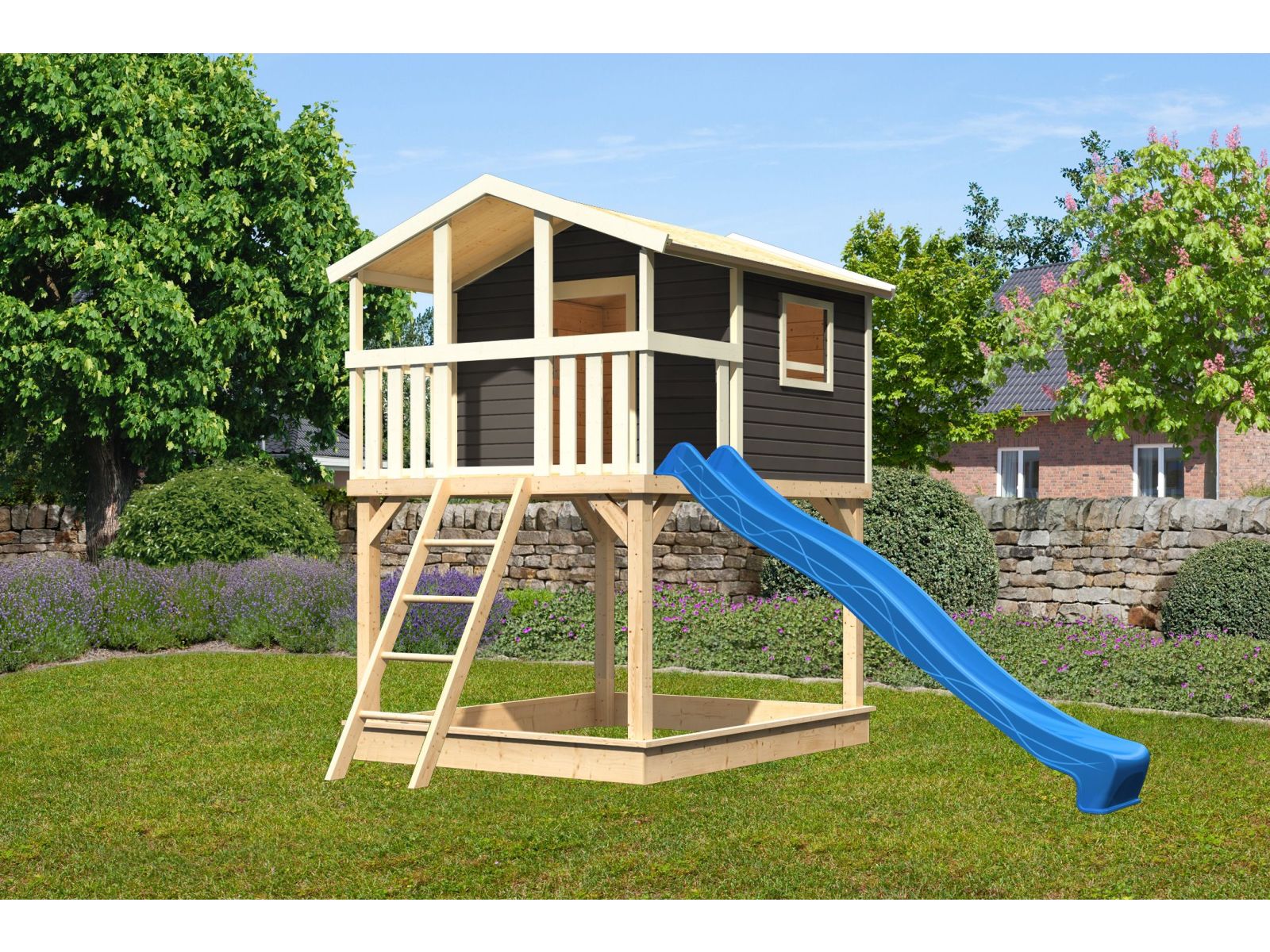 Karibu Stelzenhaus Benjamin terragrau mit Rutsche in blau