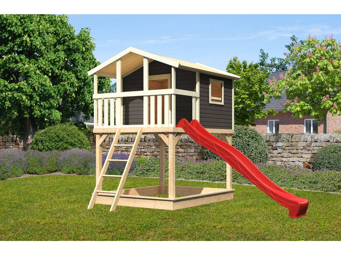 Karibu Stelzenhaus Benjamin terragrau mit Rutsche in rot