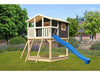Karibu Stelzenhaus Benjamin terragrau mit Netzrampe und Rutsche in blau