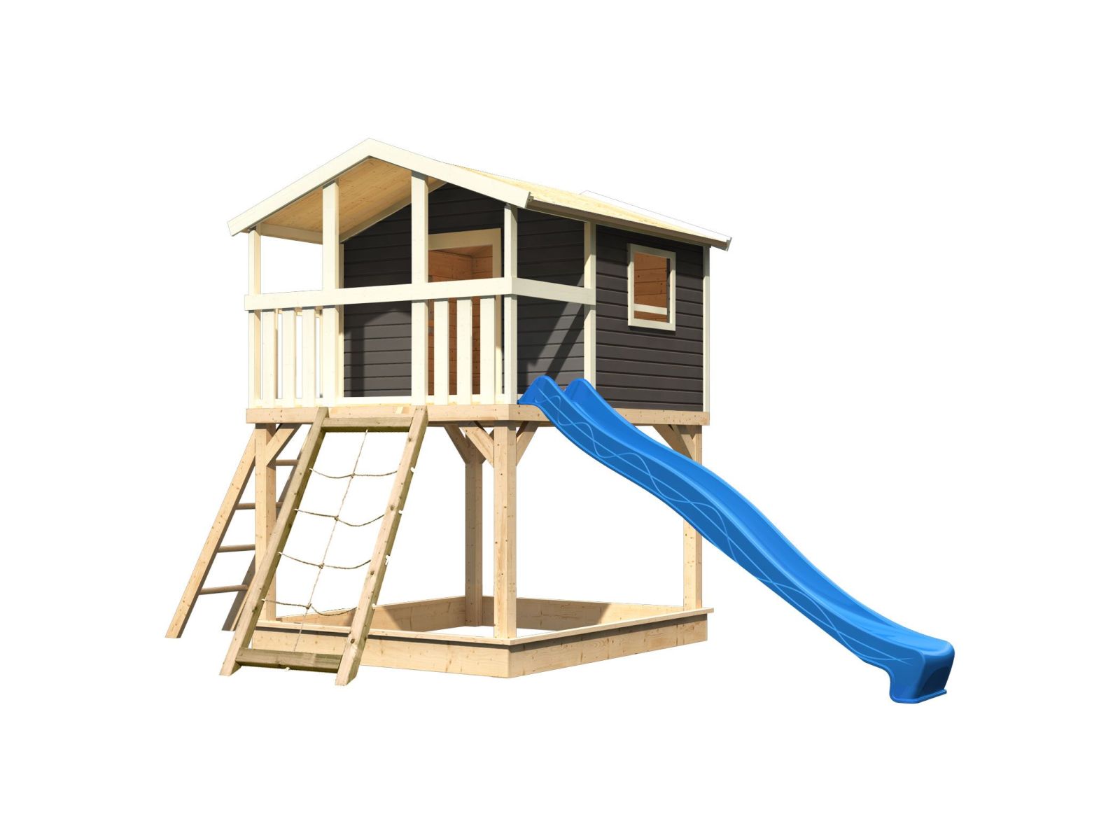 Karibu Stelzenhaus Benjamin terragrau mit Netzrampe und Rutsche in blau