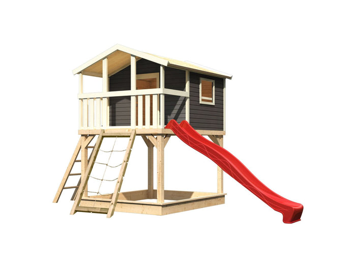 Karibu Stelzenhaus Benjamin terragrau mit Netzrampe und Rutsche in rot