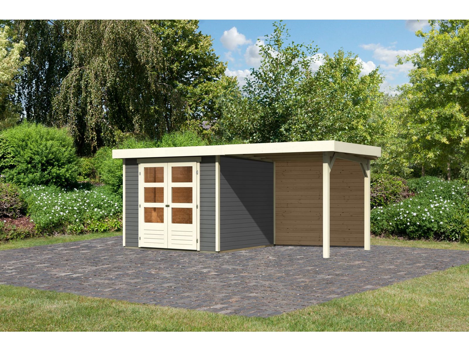 Karibu Gartenhaus Askola 3,5 mit Anbaudach 2,4 m, Rückwand, terragrau