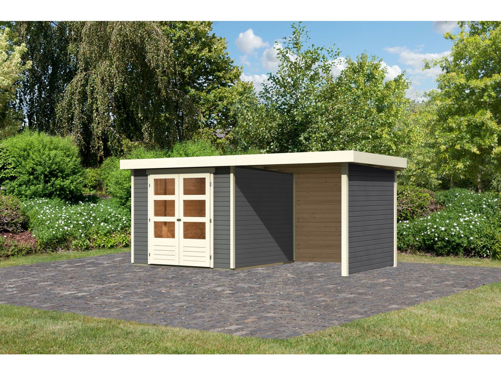 Karibu Gartenhaus Askola 3,5 mit Anbaudach 2,25 Meter, Seiten- und Rückwand in terragrau